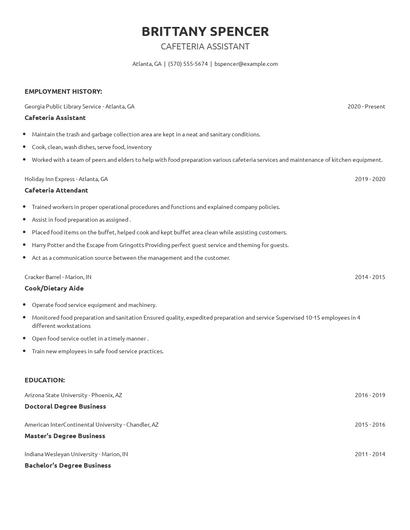 Cafeteria Assistant Resume