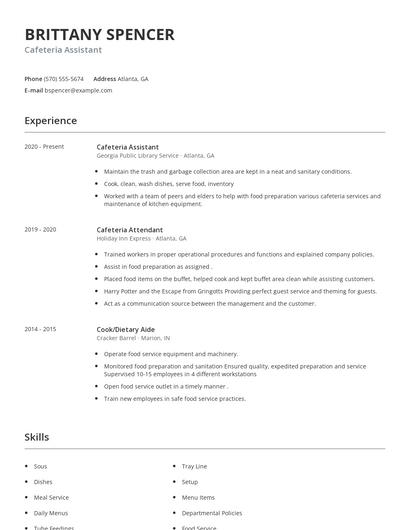 Cafeteria Assistant Resume