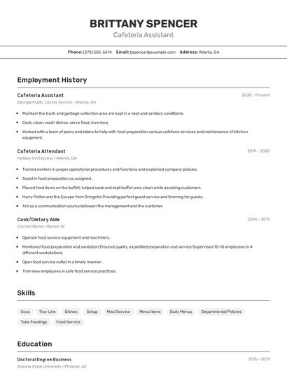 Cafeteria Assistant Resume