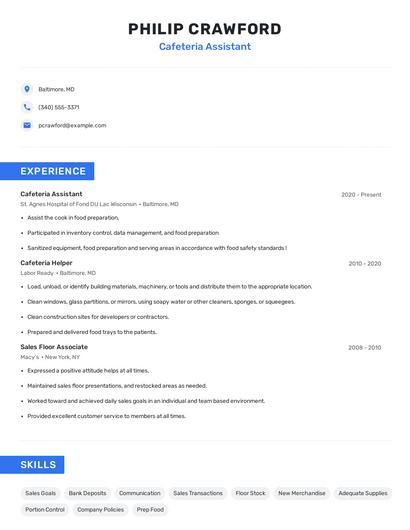 Cafeteria Assistant Resume