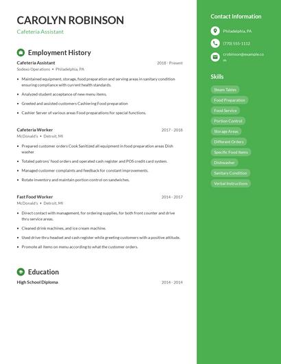 Cafeteria Assistant Resume