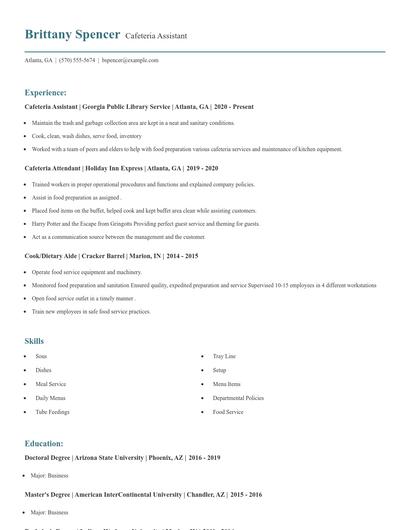 Cafeteria Assistant Resume