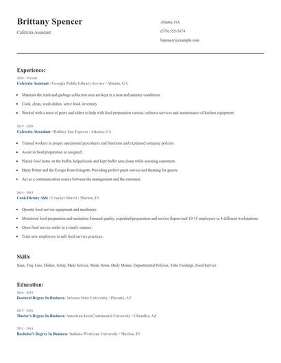 Cafeteria Assistant Resume