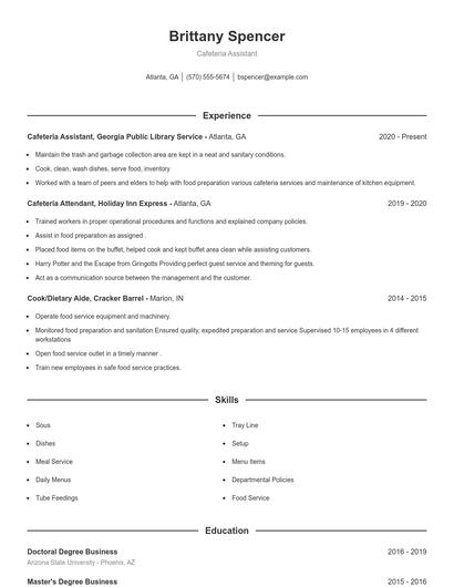 Cafeteria Assistant Resume
