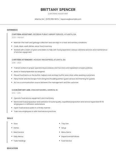 Cafeteria Assistant Resume