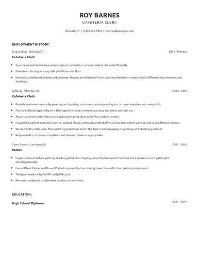 Cafeteria Clerk Resume