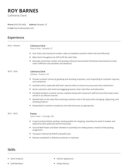 Cafeteria Clerk Resume