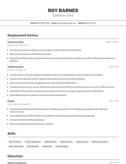 Cafeteria Clerk Resume