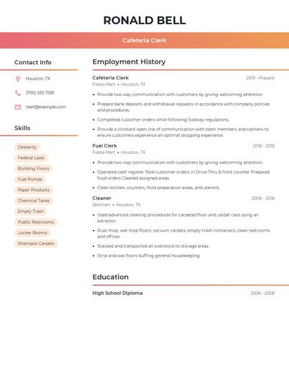 Cafeteria Clerk Resume