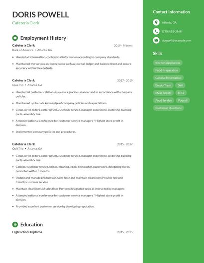 Cafeteria Clerk Resume