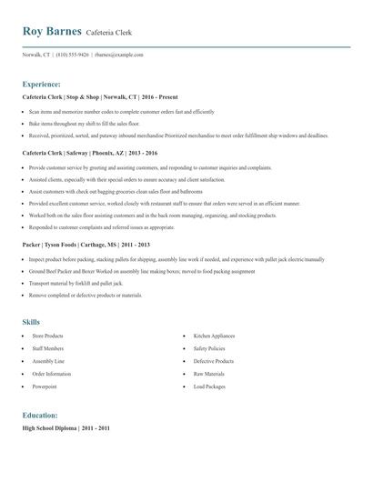 Cafeteria Clerk Resume