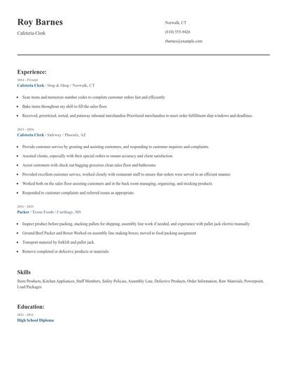 Cafeteria Clerk Resume