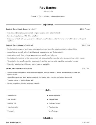 Cafeteria Clerk Resume