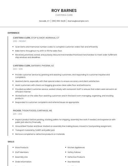 Cafeteria Clerk Resume