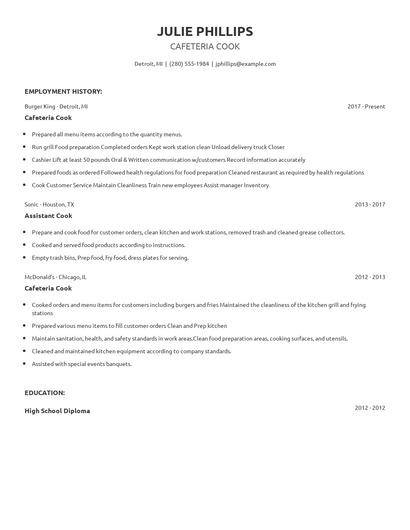 Cafeteria Cook Resume