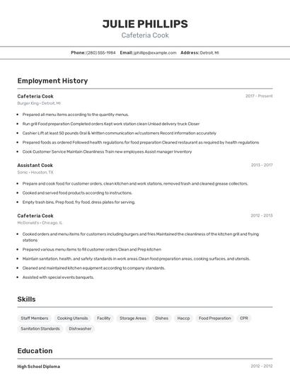 Cafeteria Cook Resume