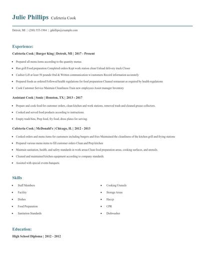 Cafeteria Cook Resume