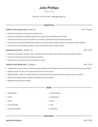 Cafeteria Cook Resume