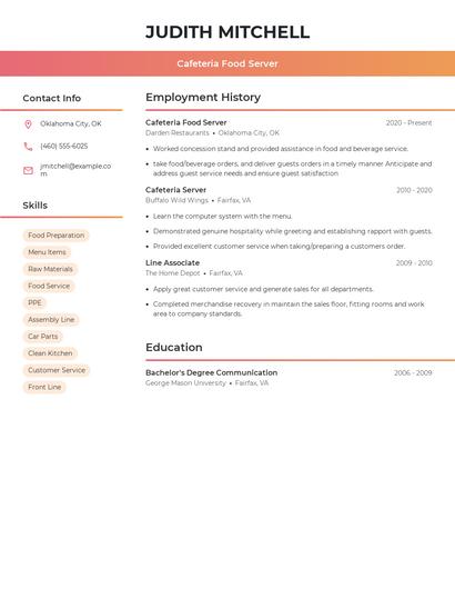 Cafeteria Food Server Resume