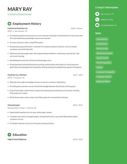 Cafeteria Food Server Resume
