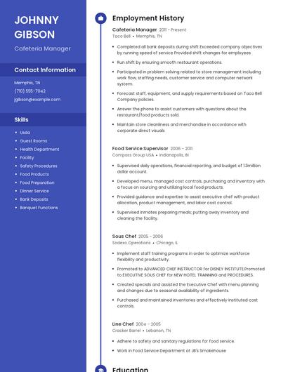 Cafeteria Manager Resume