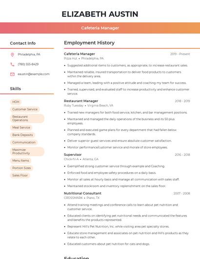 Cafeteria Manager Resume