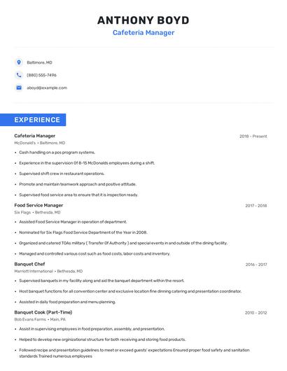Cafeteria Manager Resume