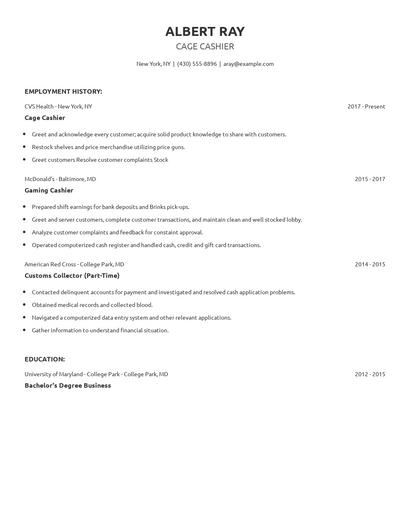 Cage Cashier Resume