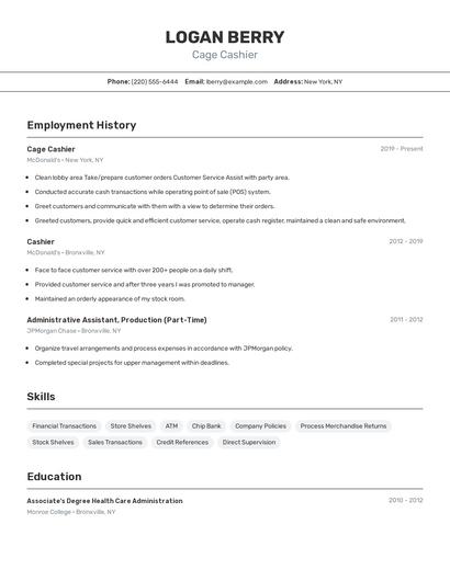 Cage Cashier Resume