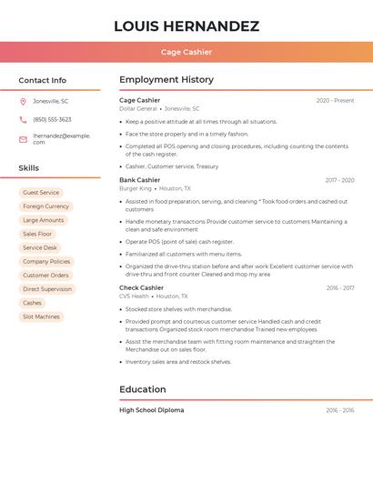 Cage Cashier Resume