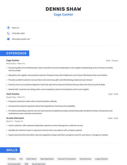Cage Cashier Resume