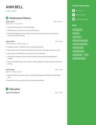 Cage Cashier Resume