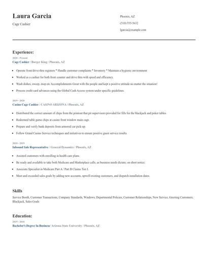 Cage Cashier Resume