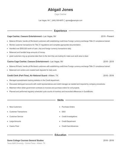Cage Cashier Resume
