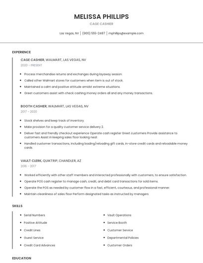 Cage Cashier Resume