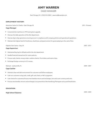 Cage Manager Resume