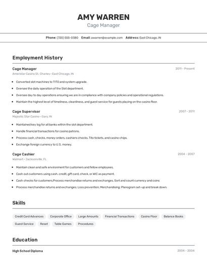 Cage Manager Resume