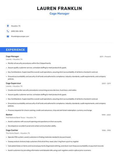 Cage Manager Resume