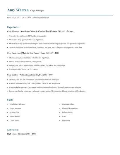 Cage Manager Resume
