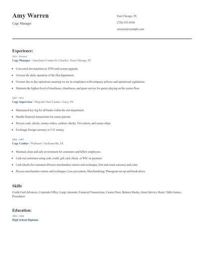 Cage Manager Resume