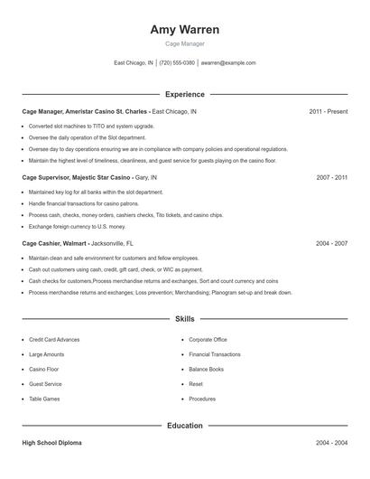 Cage Manager Resume