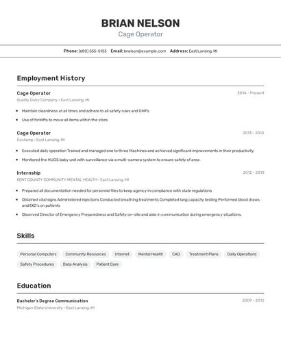 Cage Operator Resume