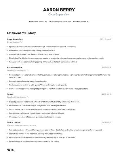 Cage Supervisor Resume