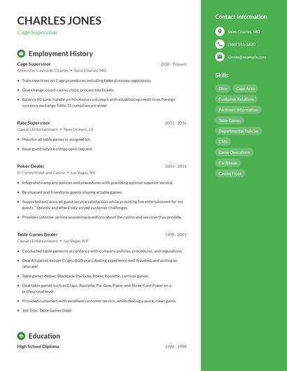 Cage Supervisor Resume