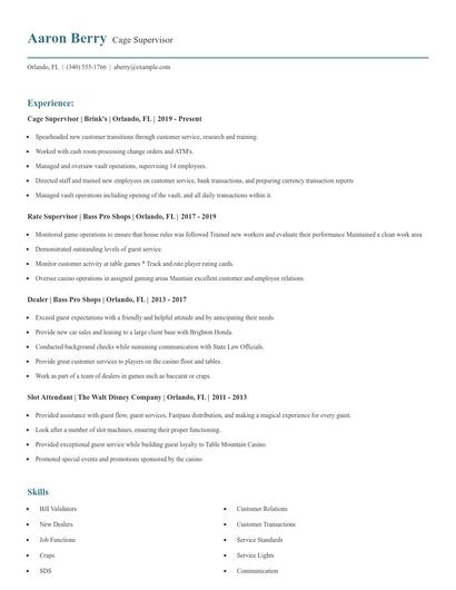 Cage Supervisor Resume