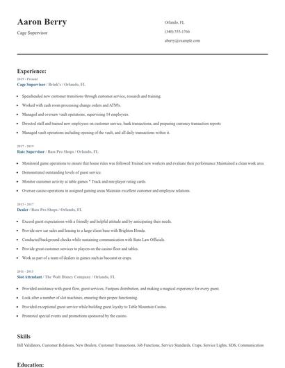 Cage Supervisor Resume