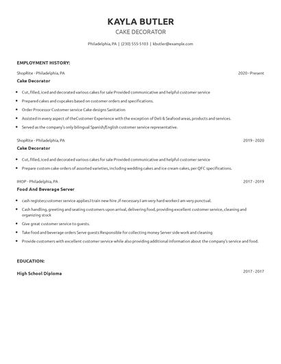 Cake Decorator Resume