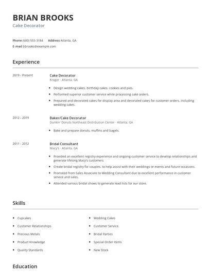 Cake Decorator Resume