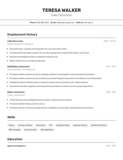 Cake Decorator Resume