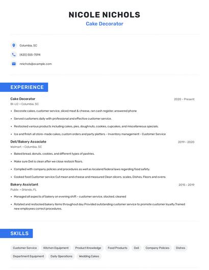 Cake Decorator Resume